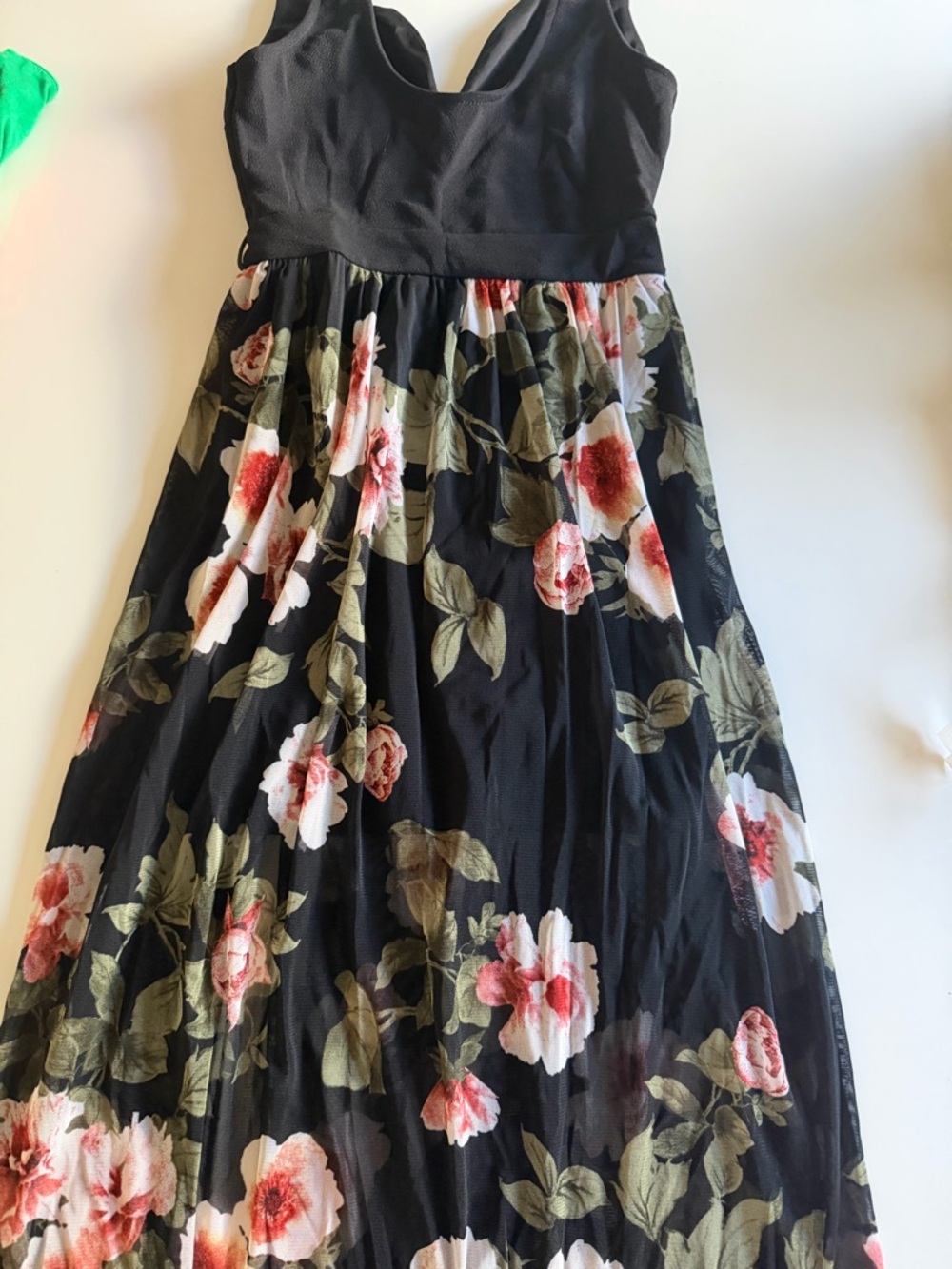 Black Floral V-Neck Midi Dress - Elegant Garden Print